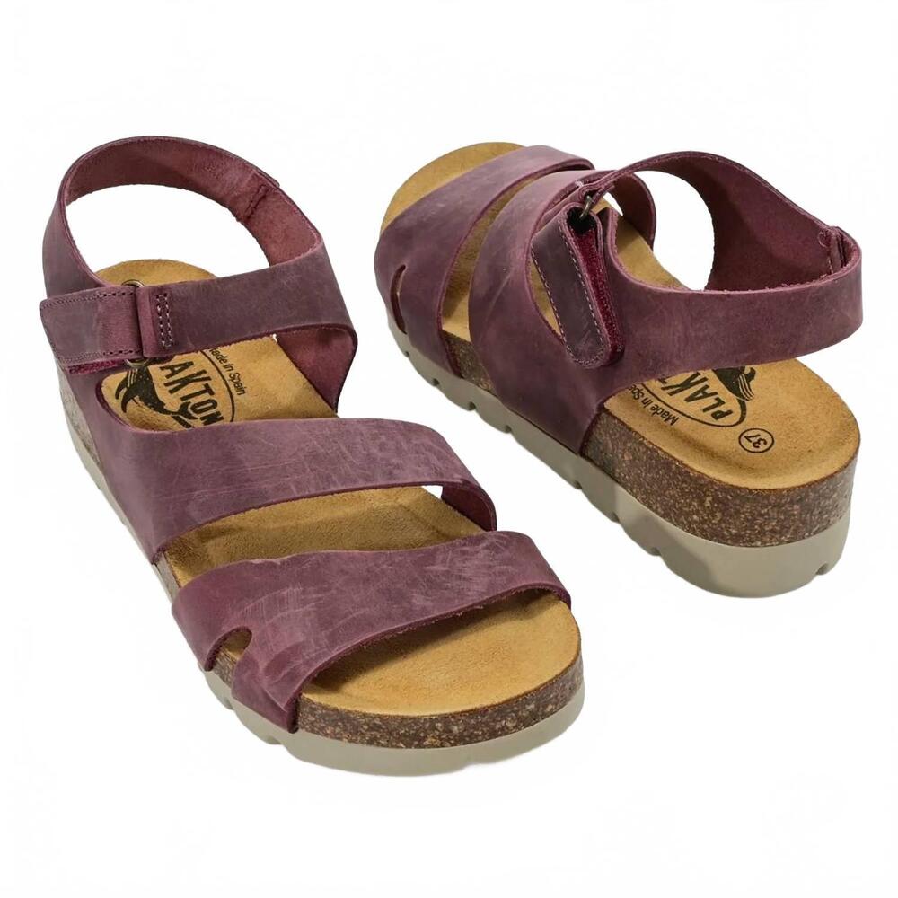 NEW PLAKTON women's comodoro leather wedge sandals in bordeaux